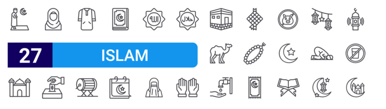 set of 27 thin line islam icons such as salat, mosque, hijab, zakat, djellaba, bedug, quran, calendar, allah. editable stroke vector illustration isolated on white