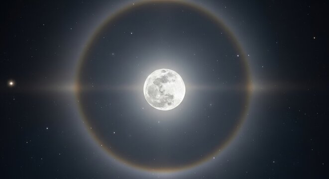 Full moon shining brightly with a subtle halo of light against a starry night sky