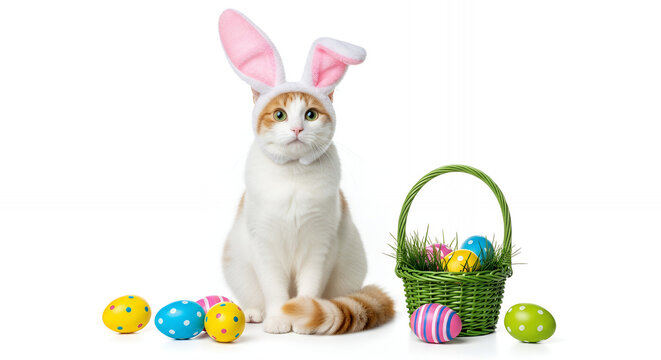 Cat wearing bunny ears, cheerful mood, sitting with Easter eggs and basket on white background
