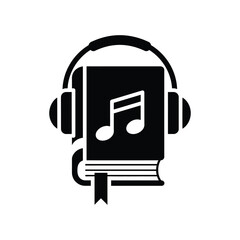Obraz premium Minimalist black audiobook icon featuring a book with headphones and a musical note, ideal for digital education, podcasting, and online storytelling concepts.