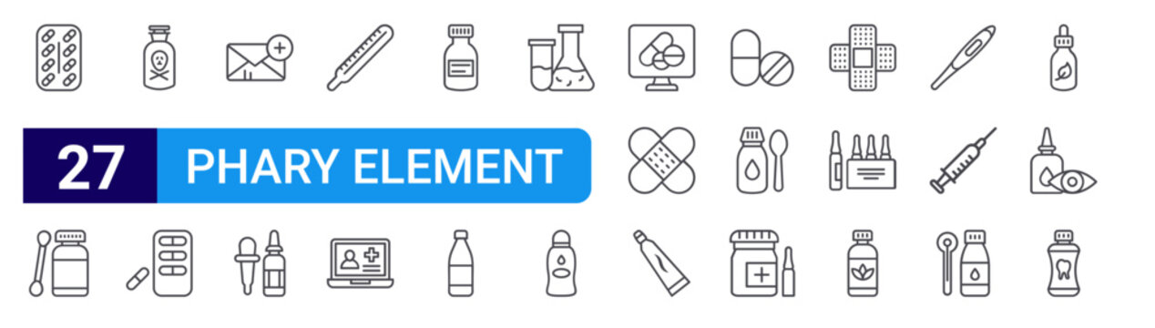 set of 27 thin line phary element icons such as pills, pills, pills, mail, eye drop, thermometer, online phary, editable stroke vector illustration isolated on white