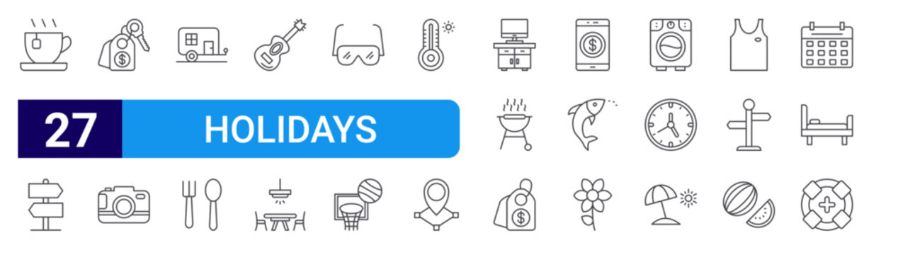 set of 27 thin line holidays icons such as tea cup, road, hotel service, camera, caravan, spoon and fork, guitar, dinner table, glasses. editable stroke vector illustration isolated on white