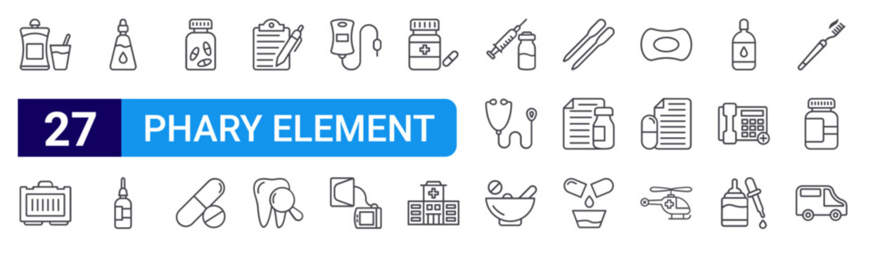 set of 27 thin line phary element icons such as pills, medical kit, eye drop, eye drop, pills, pills, medical report, dental care, blood bag. editable stroke vector illustration isolated on white