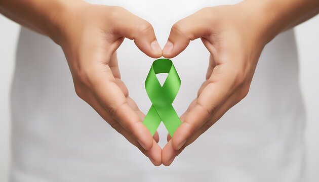 Hands forming a heart shape around a green awareness ribbon. Green April: raising awareness about safety and health at work.