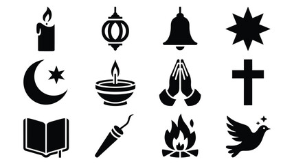 Diverse religious and spiritual symbols collection candle lantern bell star crescent moon with star diya lamp praying hands cross open book torch bonfire and dove of peace