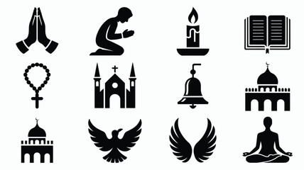 Fototapeta premium Collection of diverse religious and spiritual icons including praying hands kneeling figure candle open book rosary church bell mosque meditating person wings and eagle