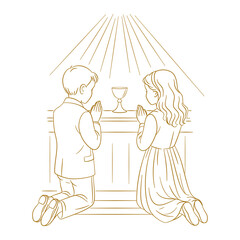 Chłopiec i dziewczynka klęczący i modlący się przy ołtarzu. Grafika na zaproszenia komunijne, kartki religijne i dewocjonalia. © Monika