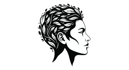 Profile portrait of a woman with hair made of leaves, artistic black and white illustration © MSF