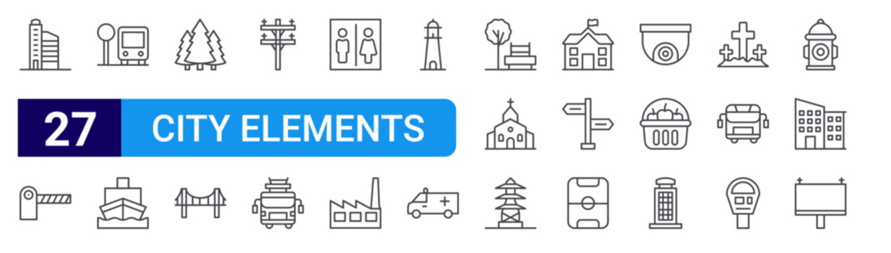 set of 27 thin line city elements icons such as skyscraper, parking barrier, bus stop, cargo ship, forest, bridge, electric pole, firetruck, restroom. editable stroke vector illustration isolated on