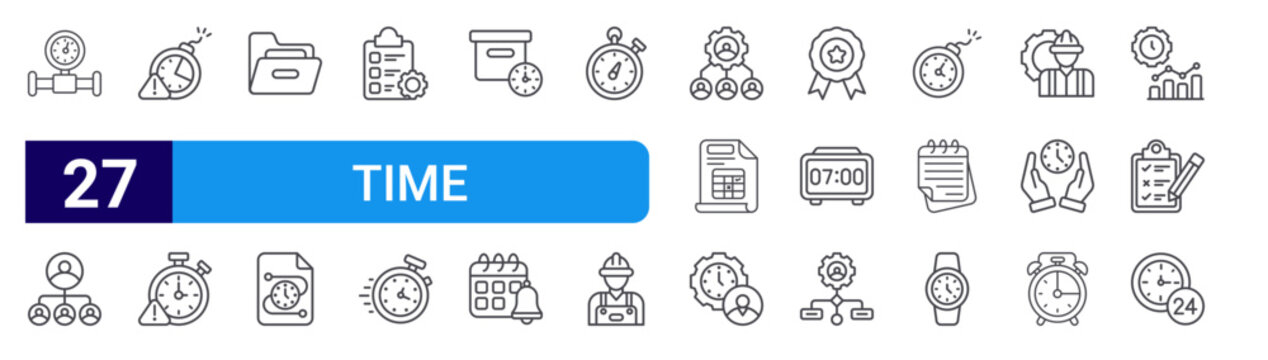 set of 27 thin line time management icons such as high pressure, organization, deadline, overdue, folder, timeline, clipboard, fast time, time tracking. editable stroke vector illustration isolated