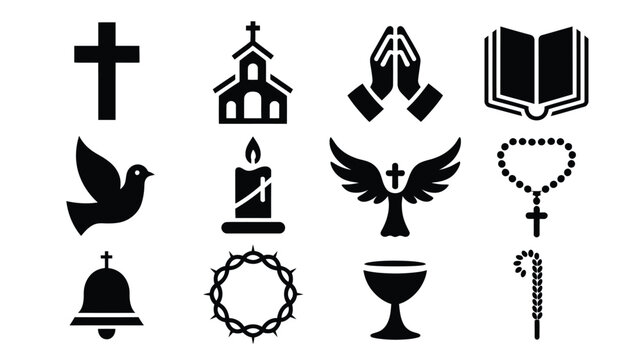 Sacred religious icons collection cross church praying hands bible dove candle angel wings rosary bell crown of thorns chalice and prayer beads for spiritual concepts and faith