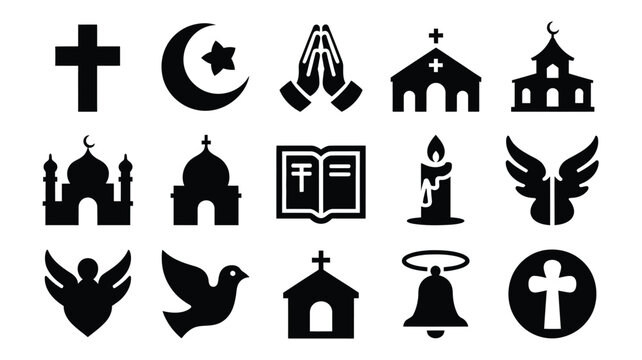 Collection of diverse religious symbols and icons in silhouette featuring christian crosses islamic crescent and star praying hands churches mosques open holy book burning candle