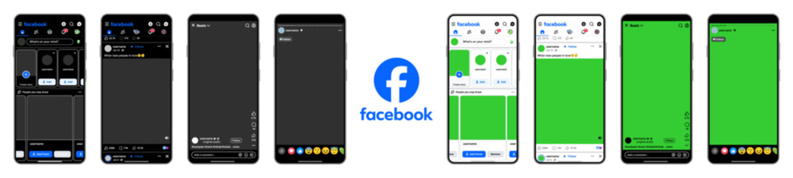 Facebook mobile UI screens mockup template. Facebook social media interface design collection for feed reels stories and community platform.