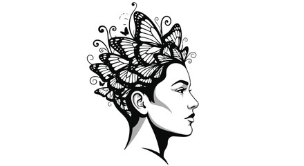 Woman profile portrait with hair made of butterflies © MSF