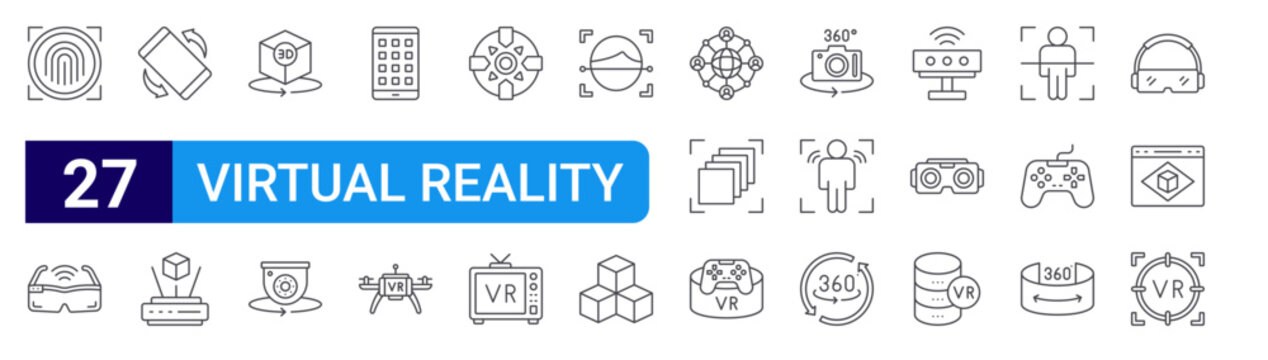 set of 27 thin line virtual reality icons such as fingerprint, smart glasses, rotation, holographic, d model, security camera, tablet, smart drone, control. editable stroke vector illustration