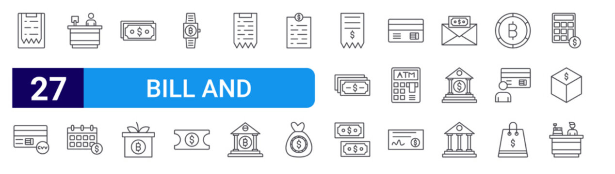 set of 27 thin line bill and payment icons such as clipboard, pin code, cashier, calendar, cash, gift box, smartwatch, ticket, bill. editable stroke vector illustration isolated on white