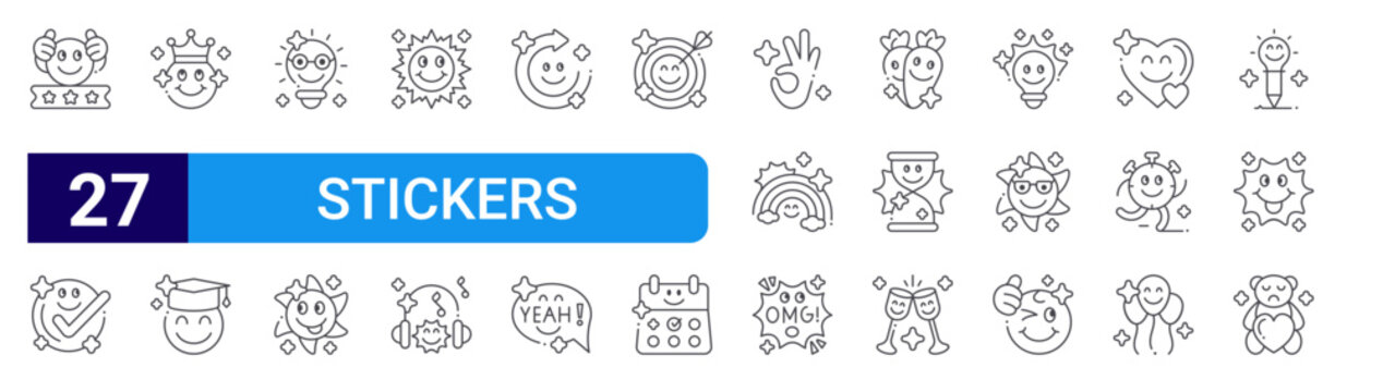 set of 27 thin line stickers icons such as good job, done, smiley, delighted, brilliant, fun, good day, relaxing, process. editable stroke vector illustration isolated on white