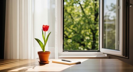 Fototapeta premium The wind blows through the window. A pot of tulips sits on the table.