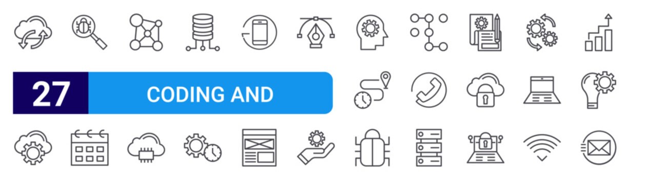 set of 27 thin line coding and programming icons such as sync, cloud computing, debug, calendar, hub, firmware, data, productivity, mobile. editable stroke vector illustration isolated on white