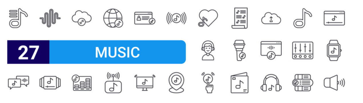set of 27 thin line music streaming icons such as music playlist, chat box, audio waves, music playlist, link, equalizer, worldwide, streaming, profile. editable stroke vector illustration isolated