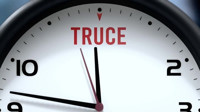 Truce that is going to happen soon. Upcoming truce, approaching in the near future. Truce almost here, in a short time - a clock symbolizes a reminder that truce is near.