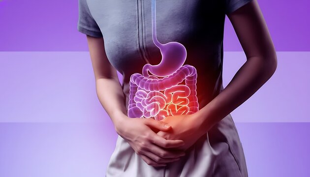 Woman holding stomach with glowing digestive system indicating pain. May is Purple Month, awareness campaign for Inflammatory Bowel Diseases (IBD), Crohn's Disease, and Ulcerative Colitis.