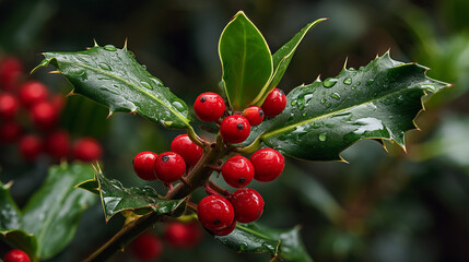 Obraz premium Vibrant red holly berries on green leaves with water drops.