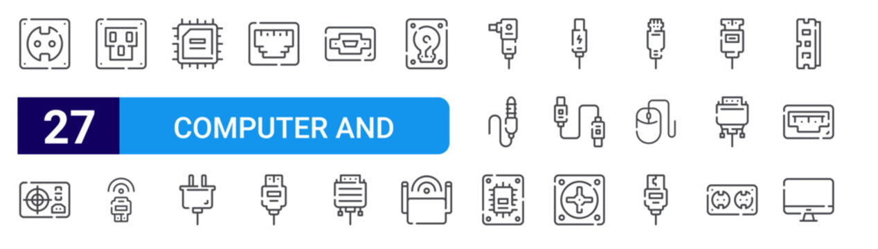 set of 27 thin line computer and hardware icons such as socket, power supply, lan, dongle, processor, connector, hdmi port, usb cable, connector. editable stroke vector illustration isolated on