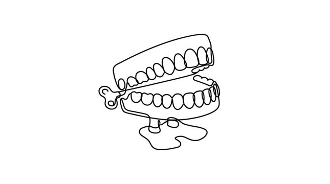 A playful line art illustration of a classic wind-up chattering teeth toy, depicting a whimsical and entertaining novelty item for amusement
