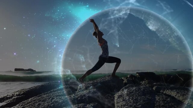 Animation of connections and globe over woman practicing yoga on beach at sunset