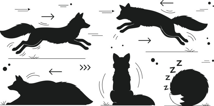 Fox silhouette action poses set with running jumping sitting sleeping wildlife animal movement and nature illustration collection