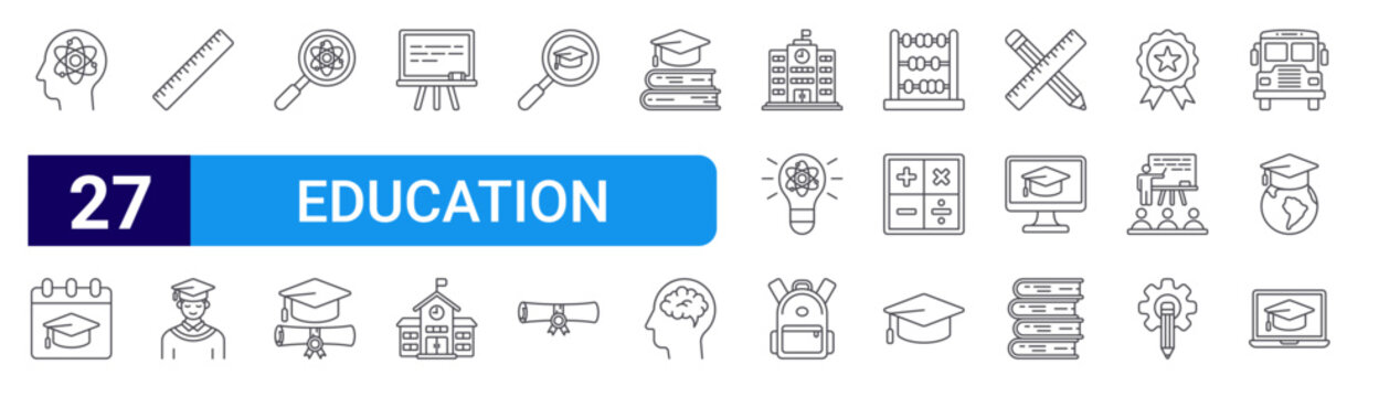 set of 27 thin line education icons such as thinking, calendar, ruler, graduated, science, bachelor, board, school, search. editable stroke vector illustration isolated on white