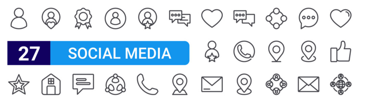 set of 27 thin line social media icons such as user, star, user, home, quality, chat box, user, teamwork, editable stroke vector illustration isolated on white