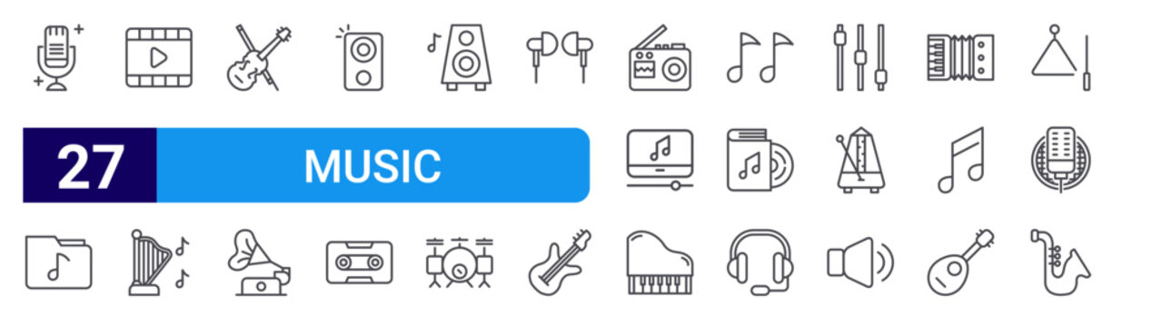 set of 27 thin line music instrument icons such as mic, folder, video player, harp, violin, gramophone, sound system, caste, speaker. editable stroke vector illustration isolated on white