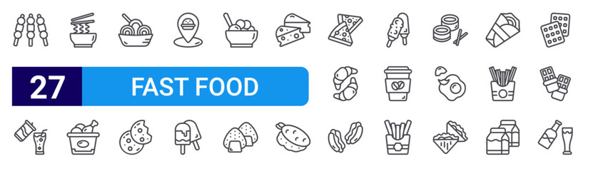 Fototapeta premium set of 27 thin line fast food icons such as satay,, noodle, fried chicken, noodle, cookies, location, ice cream, meatballs. editable stroke vector illustration isolated on white