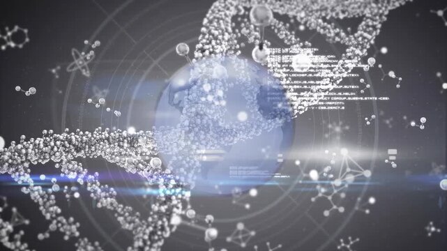Animation of dna, molecules, globe and data processing on grey background