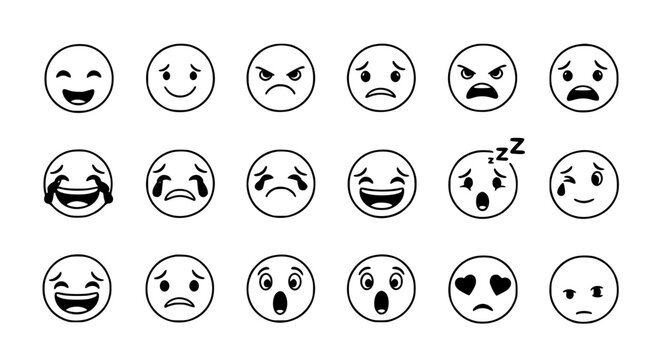 Cartoon face expression doodle emoticon set with happy sad angry and surprised hand drawn vector illustration