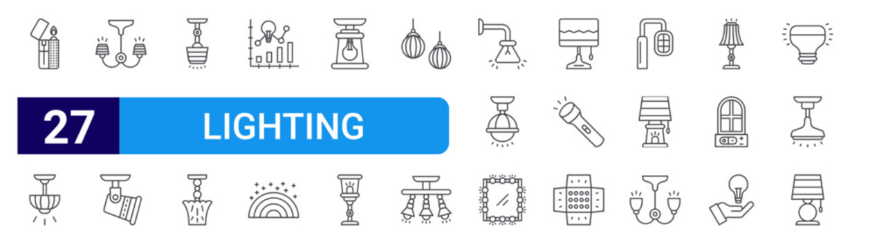 set of 27 thin line lighting icons such as lighter, roof lamp, candelier, spotlight, roof lamp, lamp, bar chart, rainbow, lantern. editable stroke vector illustration isolated on white