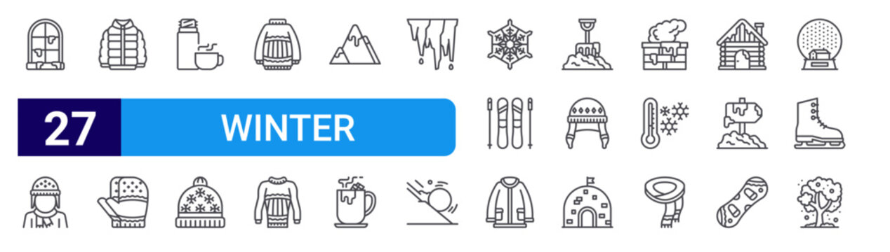 set of 27 thin line winter icons such as window, man, puffer coat, mittens, hot water bottle, beanie, sweater, jumper, mountain. editable stroke vector illustration isolated on white