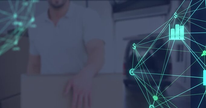 Animation of media icons over caucasian male deliverer