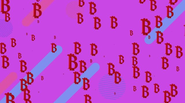 Animation of red bitcoin symbols pulsing over moving shapes on pink background