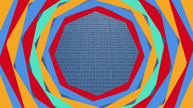 Colorful motion hexagonal banner over binary coding data processing against grey background