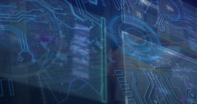 Animation of data processing over caucasian worker in server room