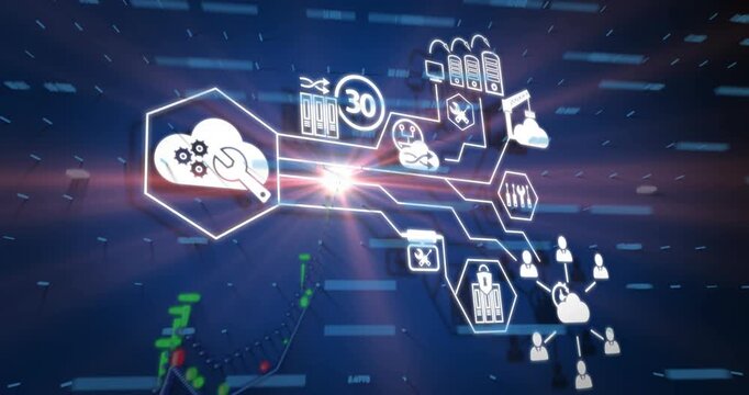 Animation of network of connections with icons and data processing over laptop and on world map