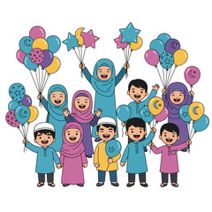Fototapeta premium Joyful group of children holding colorful balloons illustration