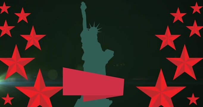 Animation of red stars and statue of liberty silhouette on black background