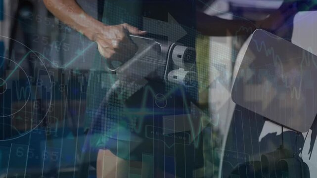 Animation of data processing over men charging car