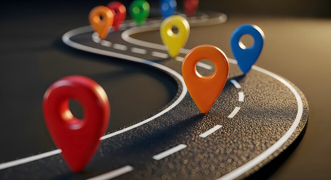 Colorful map markers positioned along a winding gray asphalt road