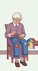 An elderly woman sitting on a wooden chair sewing patches onto blue denim jeans
