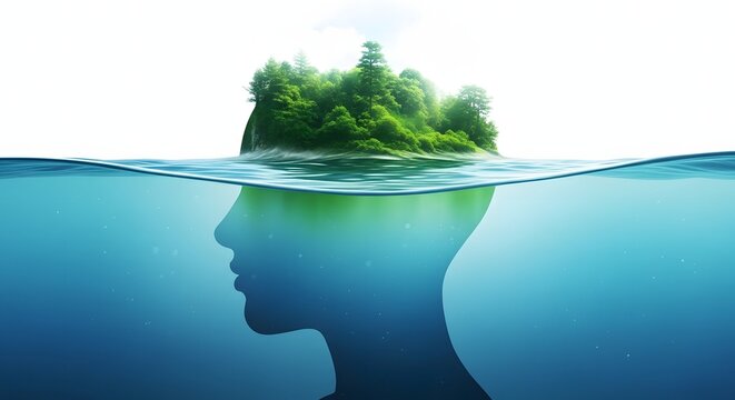 Submerged thoughts a human profile with an island landscape inside